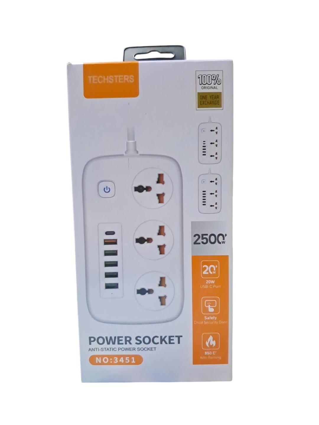 2500 watt extension power strip. 3 way sockets with 5 USB+1pd switch and voltage protector