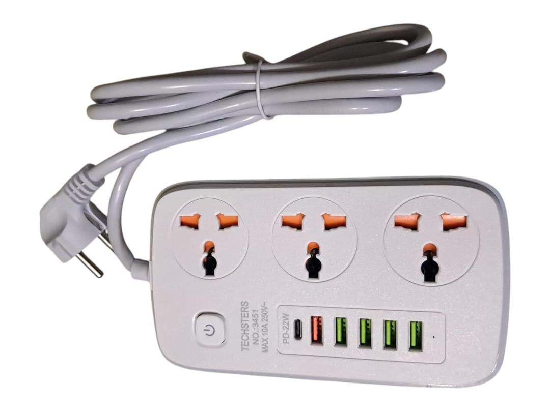2500 watt extension power strip. 3 way sockets with 5 USB+1pd switch and voltage protector
