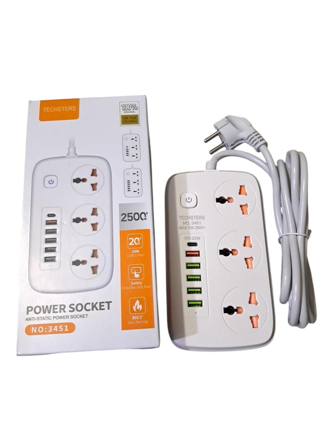 2500 watt extension power strip. 3 way sockets with 5 USB+1pd switch and voltage protector