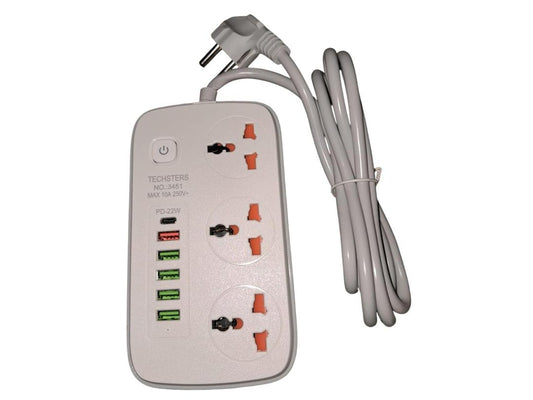 2500 watt extension power strip. 3 way sockets with 5 USB+1pd switch and voltage protector