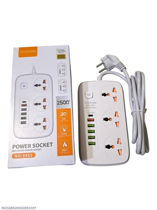 2500 watt extension power strip. 3 way sockets with 5 USB+1pd switch and voltage protector