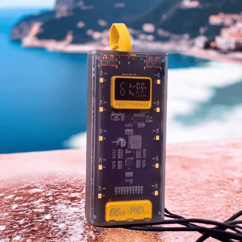 20000mAh Transparent Power Bank – Fast Charging + Emergency Light