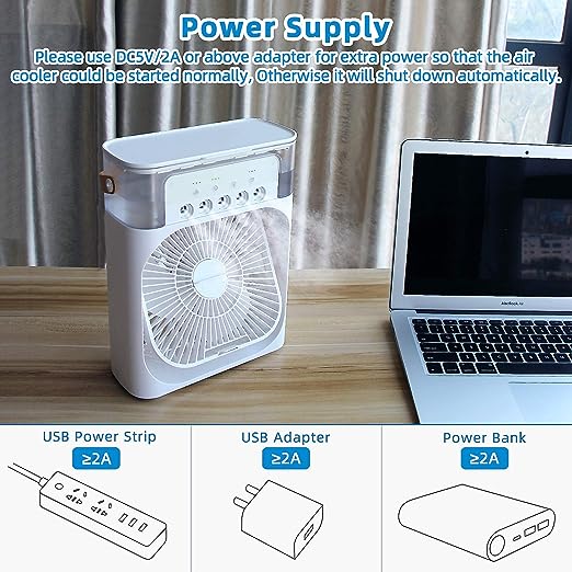 3-in-1 Portable Air Cooler Fan – USB Rechargeable Humidifier, Cooling Fan & LED Night Light (10-Inch)