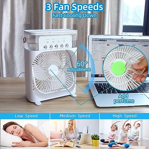 3-in-1 Portable Air Cooler Fan – USB Rechargeable Humidifier, Cooling Fan & LED Night Light (10-Inch)