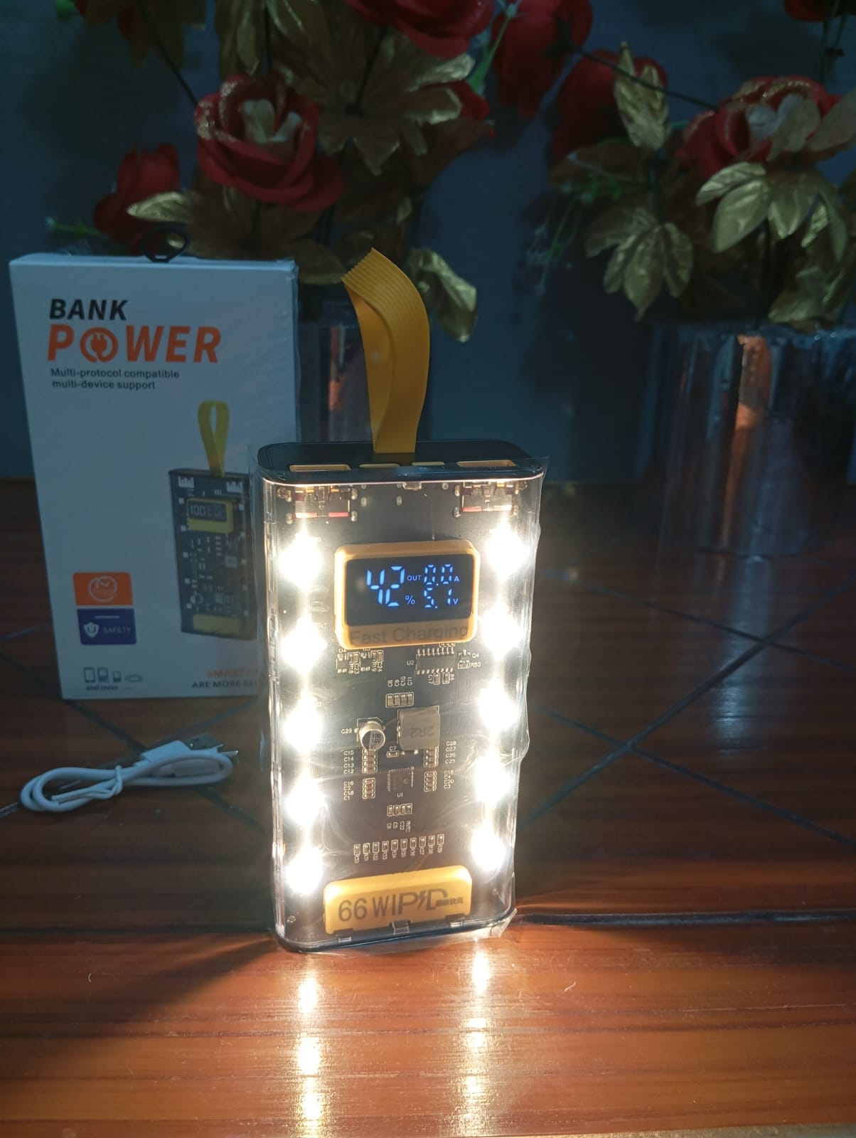 20000mAh Transparent Power Bank – Fast Charging + Emergency Light
