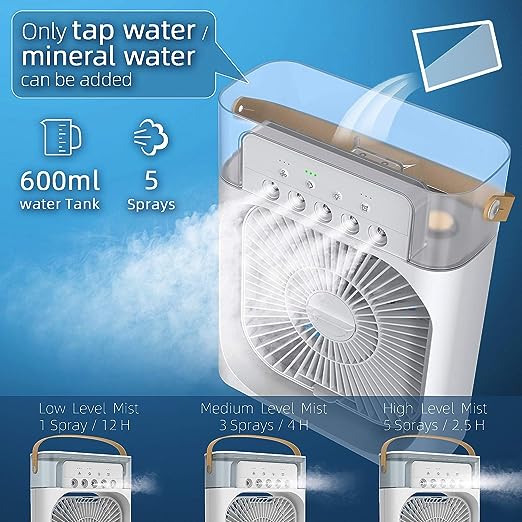 3-in-1 Portable Air Cooler Fan – USB Rechargeable Humidifier, Cooling Fan & LED Night Light (10-Inch)